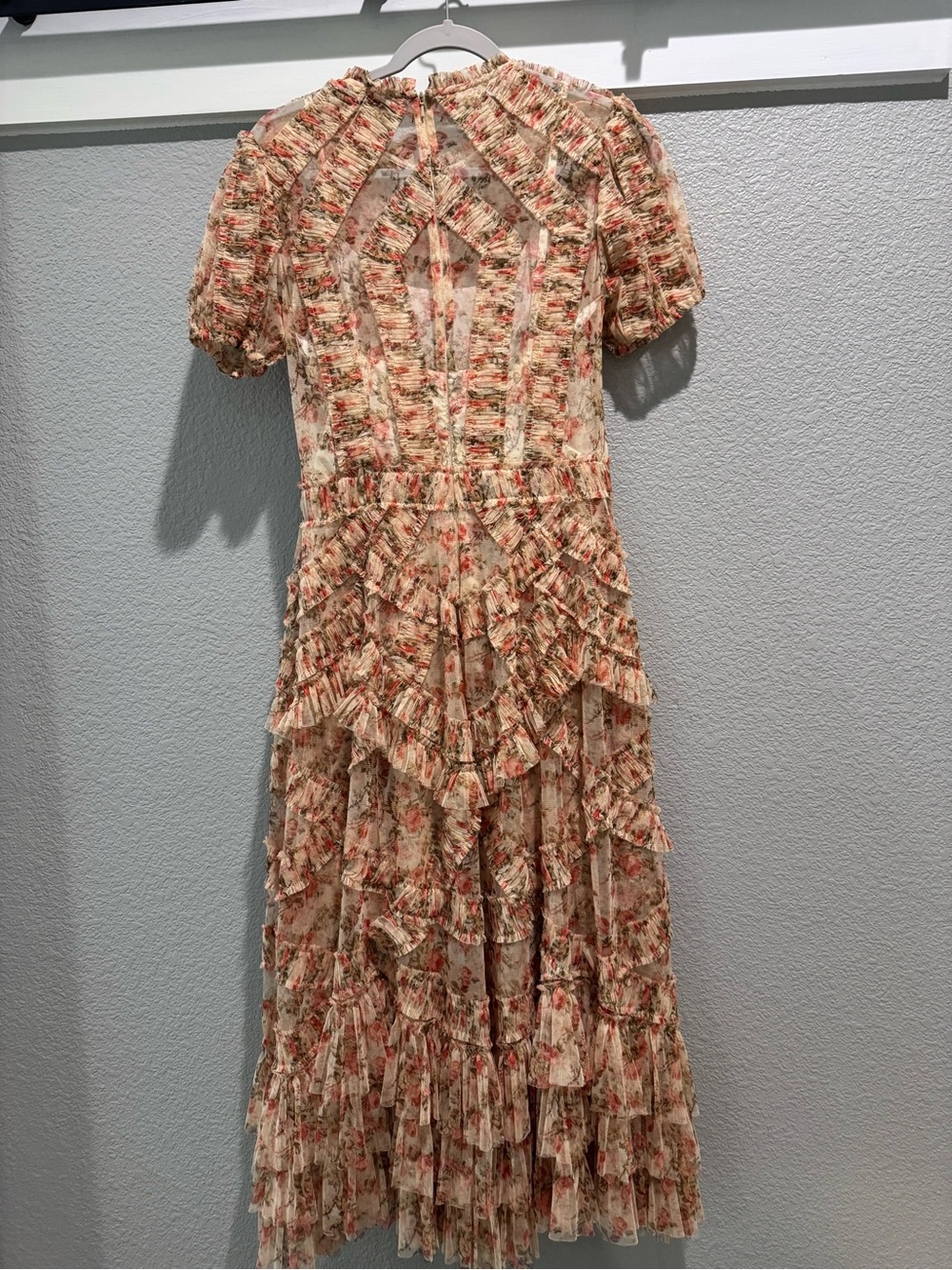 Mac Duggal Pink and Cream Floral Ruffle Tiered Maxi Dress - Picture 3 of 3